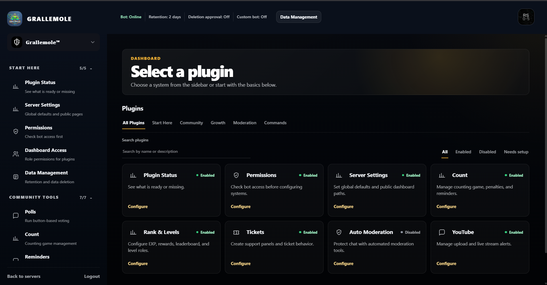 GRALLEMOLE dashboard showing the plugin browser, status filters, and configuration cards